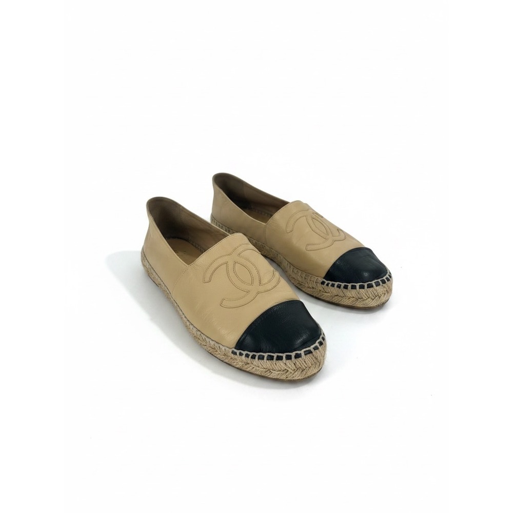 Chanel Lambskin CC Cap Toe Espadrilles Beige Black Size 41